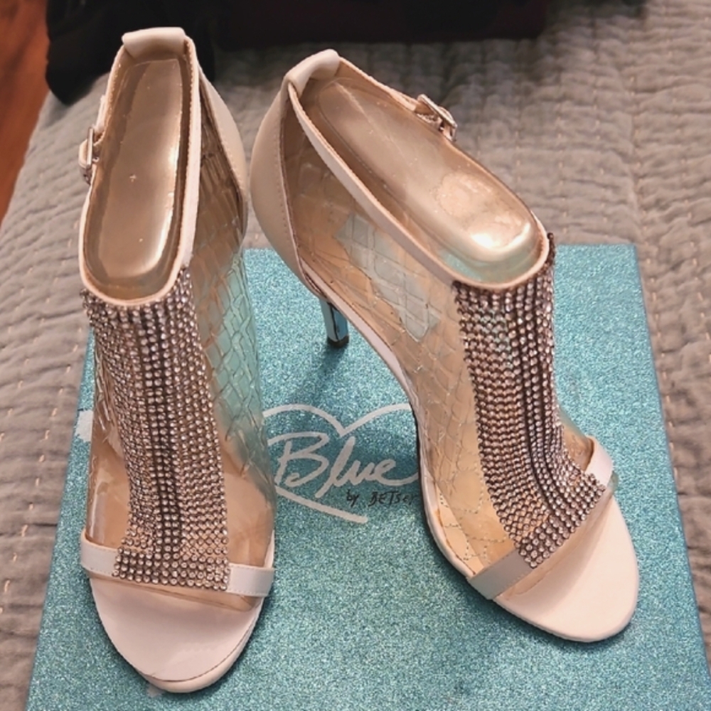 New, White Satin & Crystal Embellished Heels by Betsey Johnson, Size 7.5